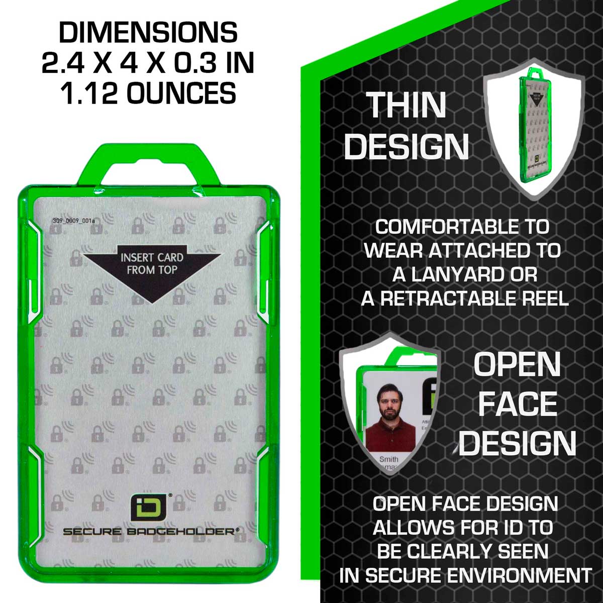 Secure Badge Holder Lite ™ Vertical 1 ID Card ID Holder with Belt Clip - Green - IDSH9001 - 001B - BC - Grn