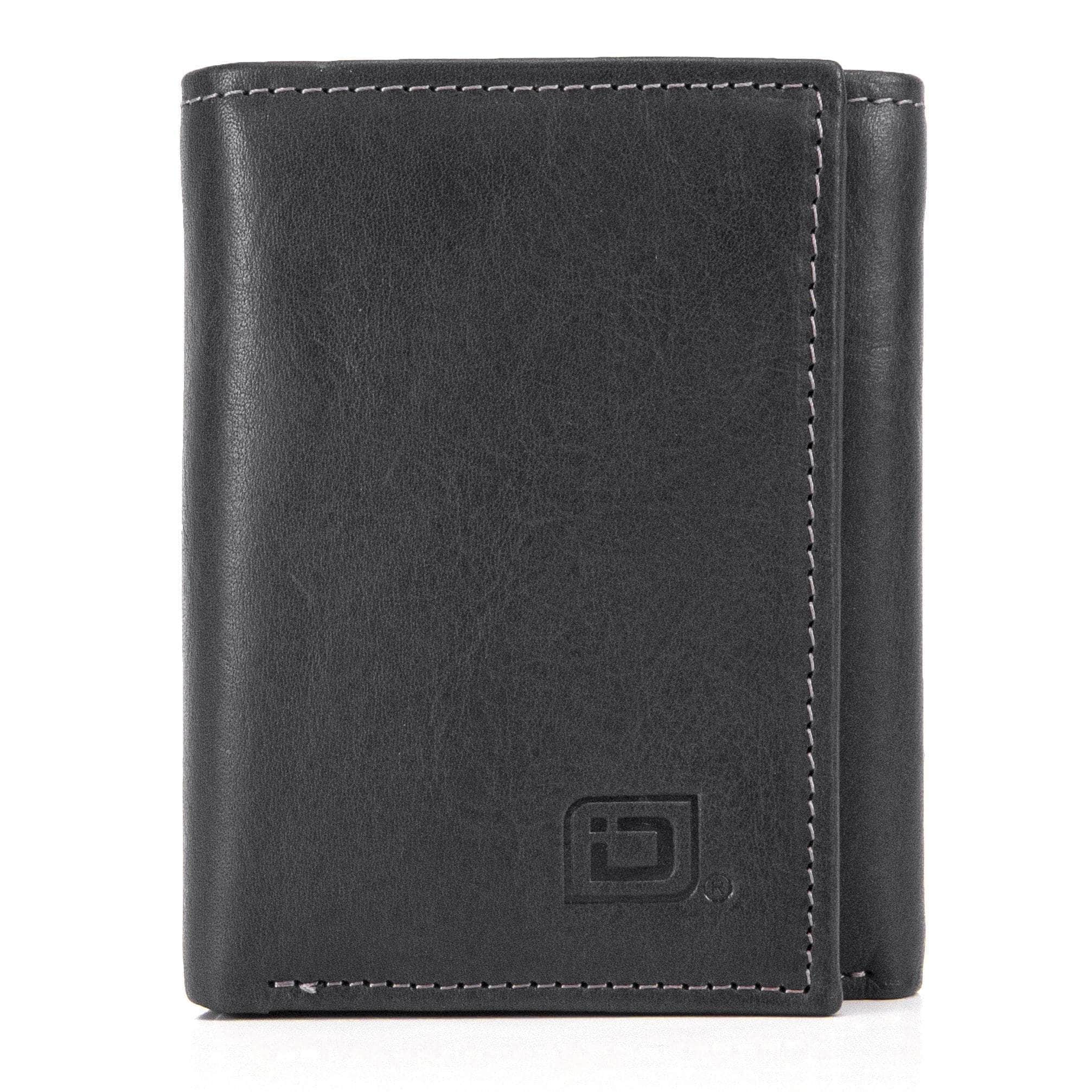ID Stronghold Men's Wallet Black Italian Leather Trifold Wallet with 2 ID Windows