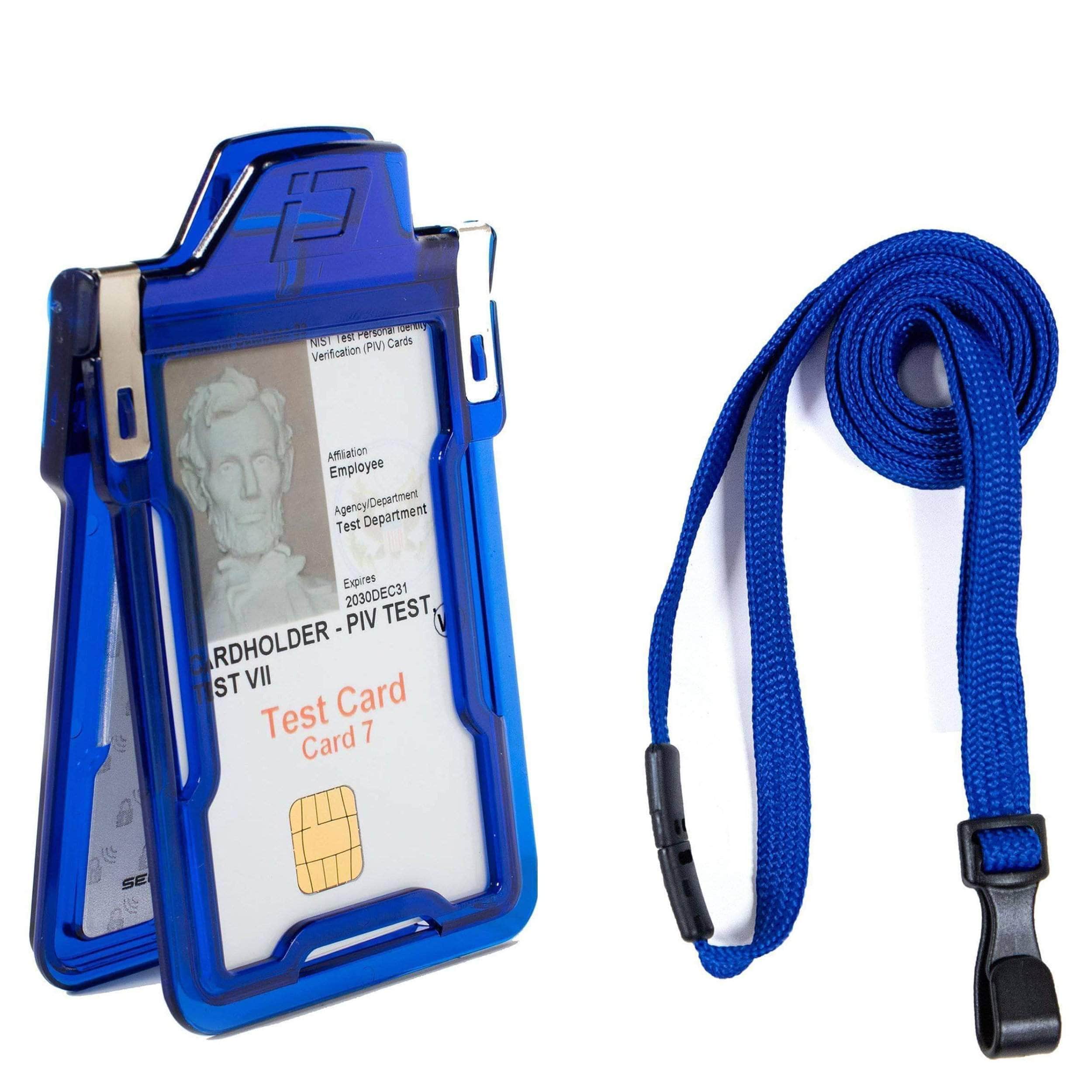 ID Stronghold Badgeholder Blue Secure Badge Holder Classic Vertical 1 Card Holder, and Lanyard Bundle