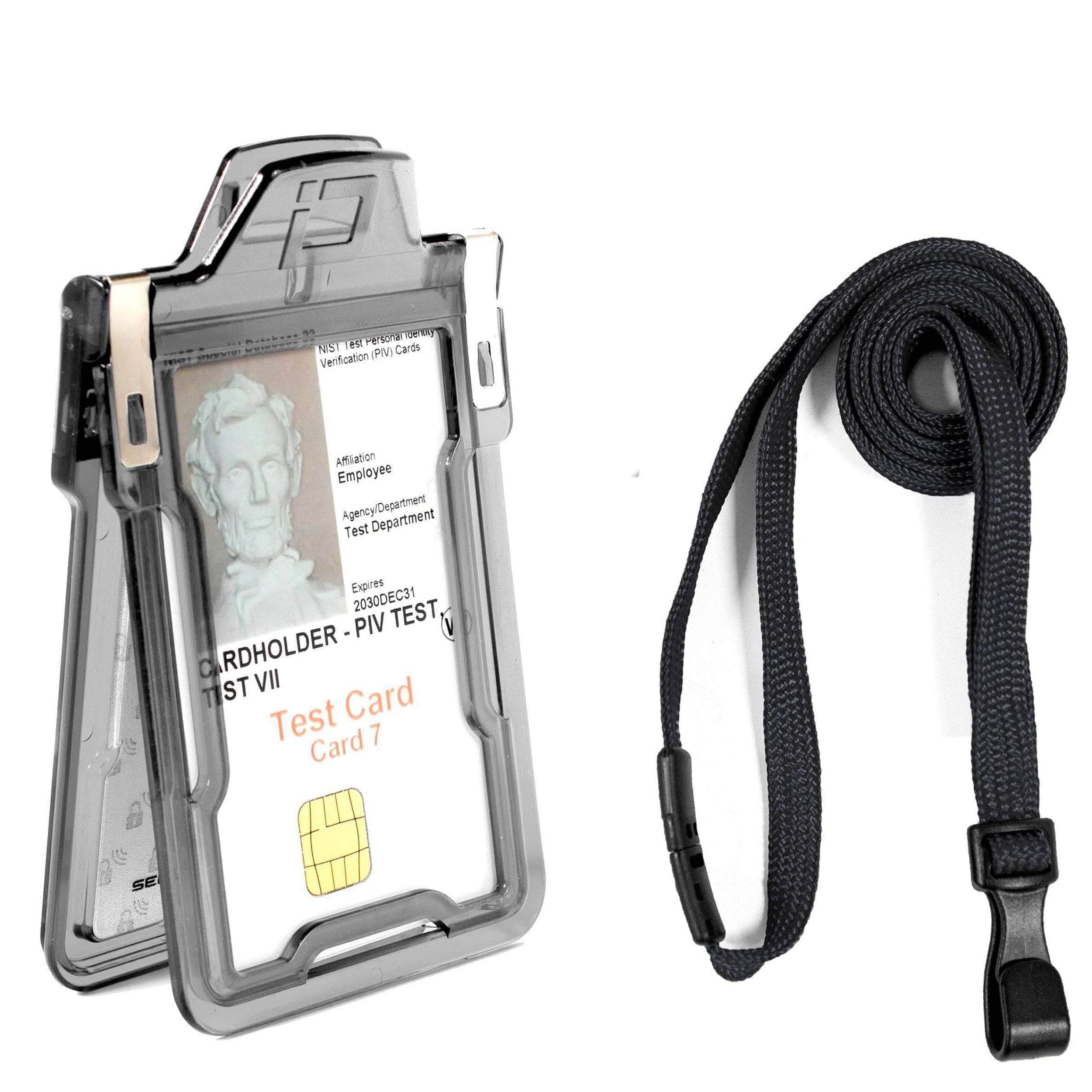 ID Stronghold Badgeholder Clear Black Secure Badge Holder Classic Vertical 1 Card Holder, and Lanyard Bundle