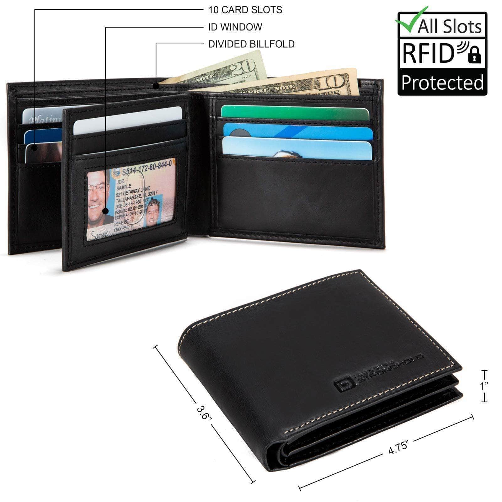Mens RFID Blocking Bifold Wallet 10 slot - Classic Leather - Black - IDSH7005B - blk