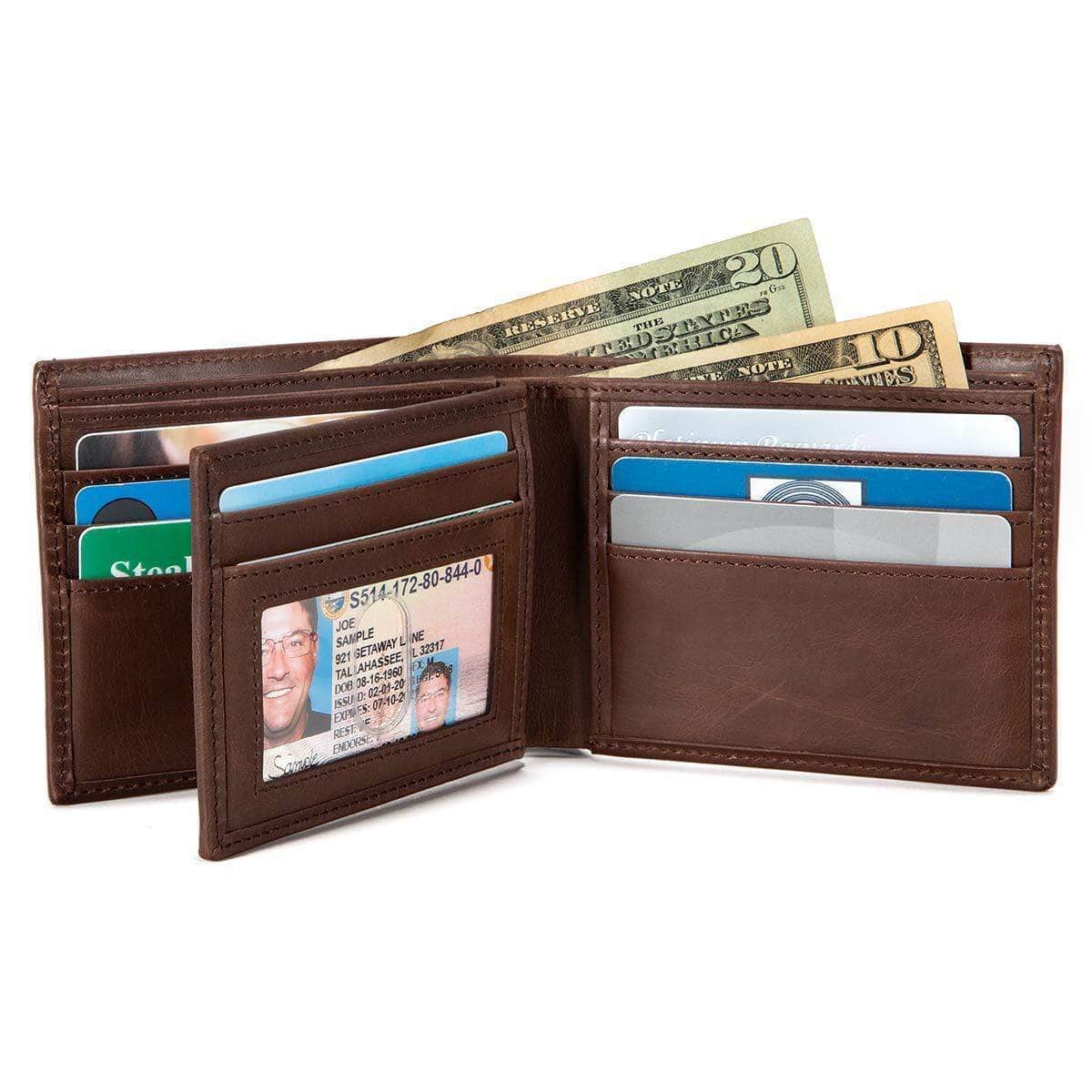 Mens RFID Blocking Bifold Wallet 10 slot - Classic Leather - Brown - IDSH7005B - brn