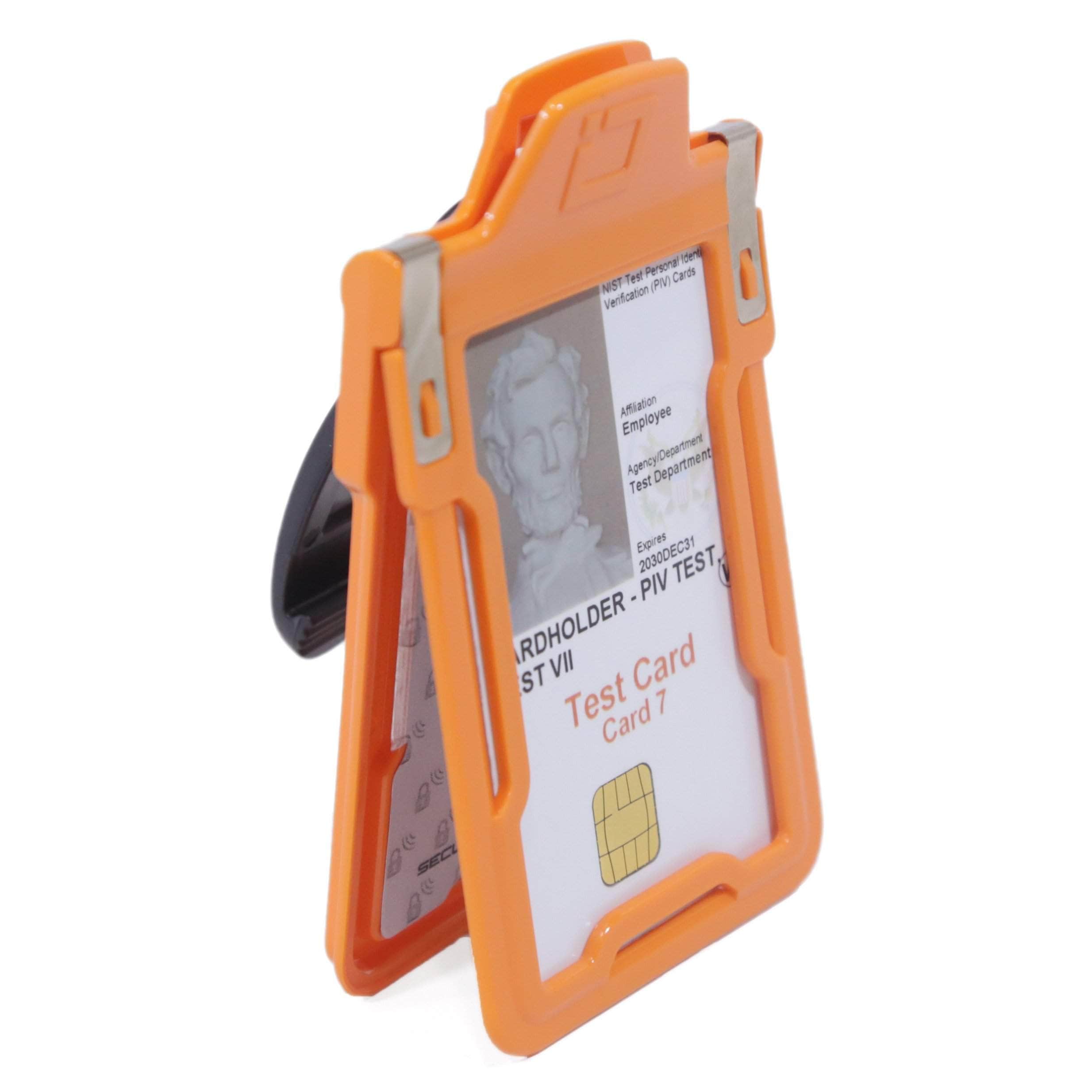 Secure Badge Holder Classic Vertical 1 ID Card Holder With Belt Clip - Orange - IDSH1004 - 001B - BC - Org
