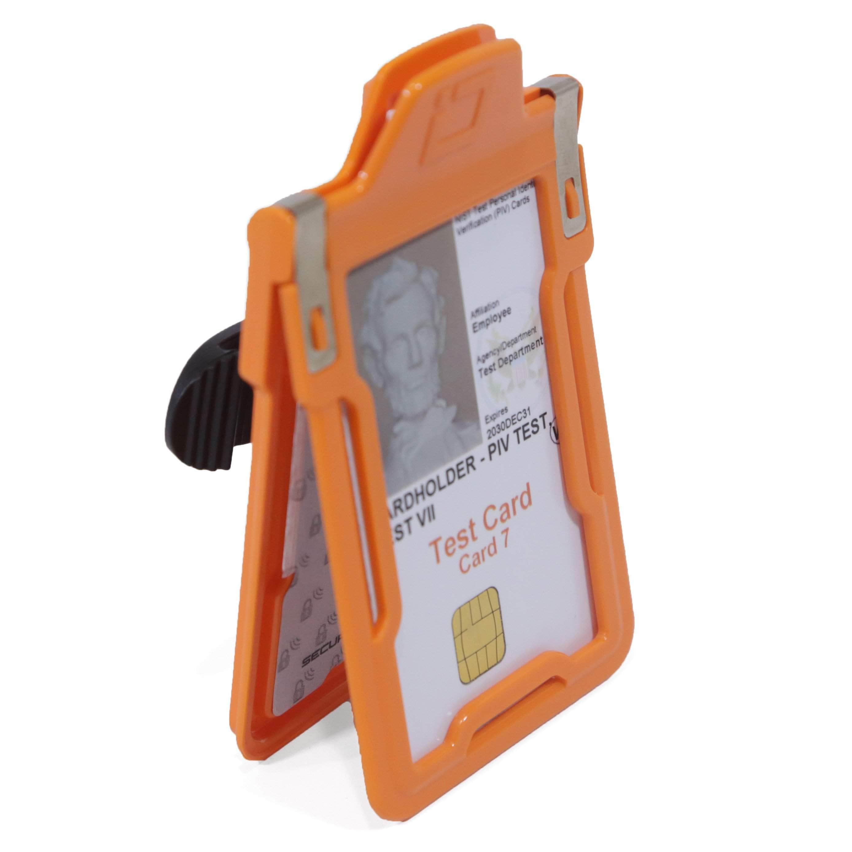 Secure Badge Holder Classic Vertical 1 ID Card Holder With Belt Clip - Orange - IDSH1004 - 001B - BC - Org