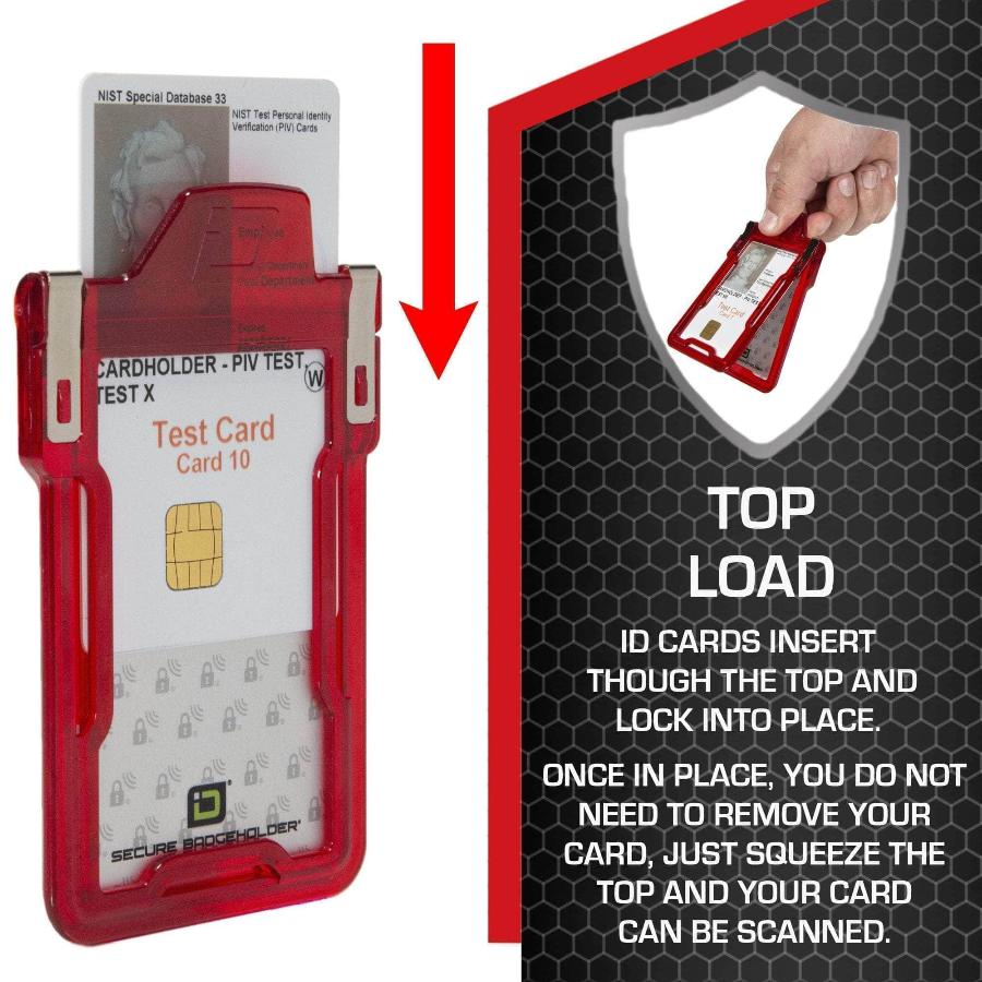 "Squeeze to Read" Secure Badge Holder Classic Vertical 1 ID Card Holder - Red - IDSH1004 - 001B - Red