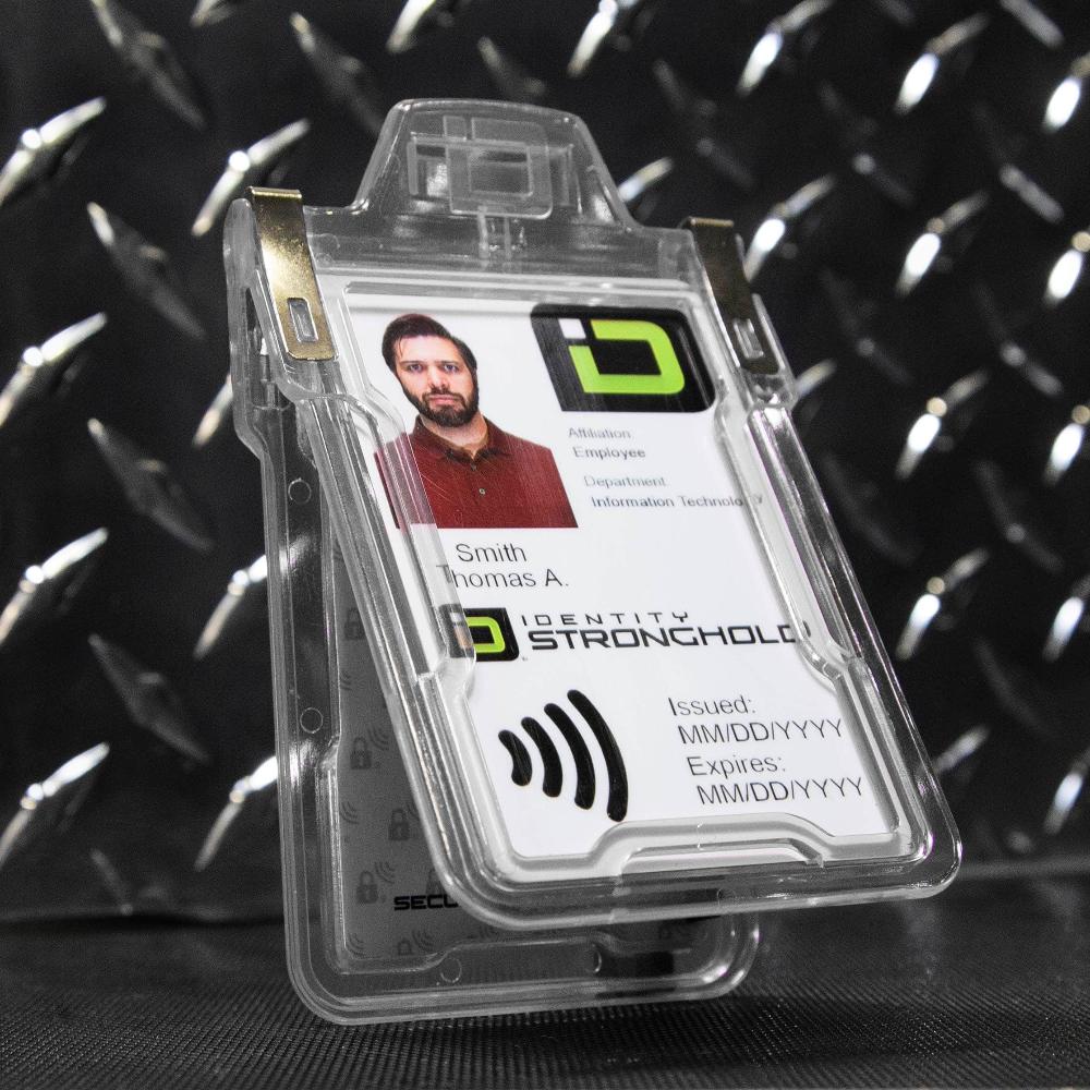 "Squeeze to Read" Secure Badge Holder Classic Vertical 1 ID Card Holder - Clear - IDSH1004 - 001B - Clr