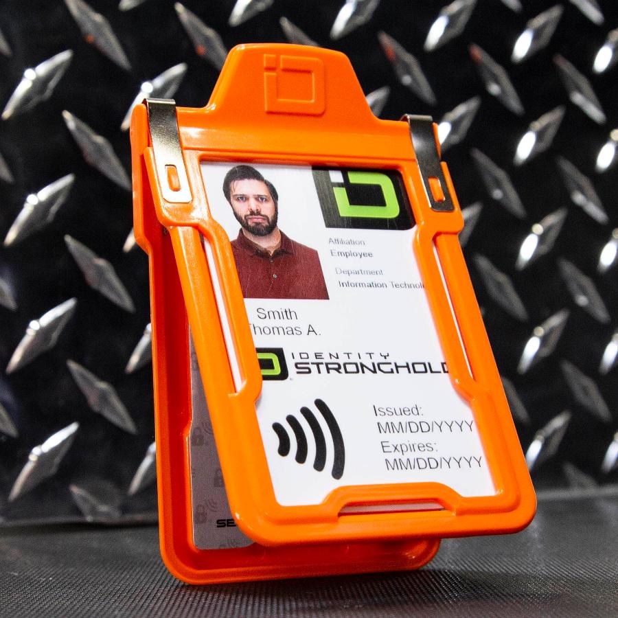 "Squeeze to Read" Secure Badge Holder Classic Vertical 1 ID Card Holder - Orange - IDSH1004 - 001B - Org