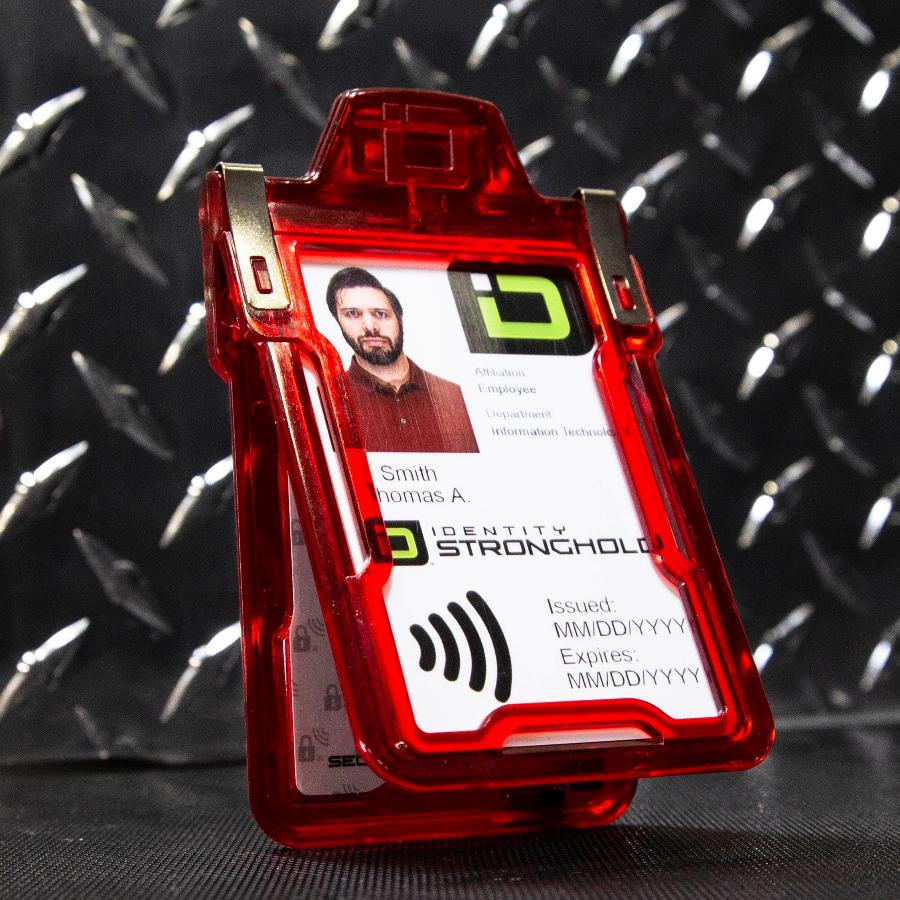 "Squeeze to Read" Secure Badge Holder Classic Vertical 1 ID Card Holder - Red - IDSH1004 - 001B - Red