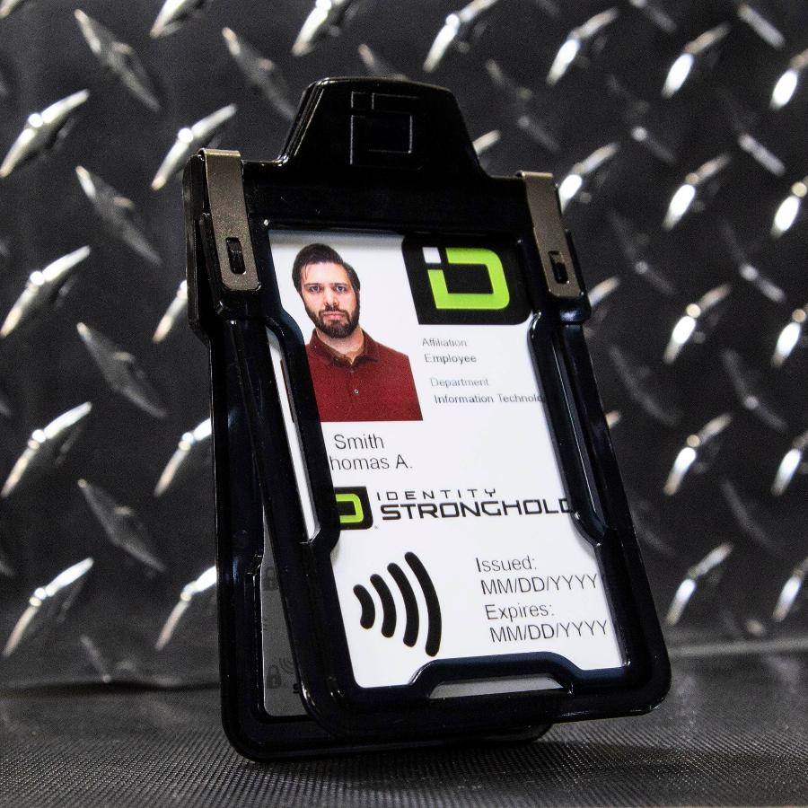 "Squeeze to Read" Secure Badge Holder Classic Vertical 1 ID Card Holder - Black - IDSH1004 - 001B - Blk