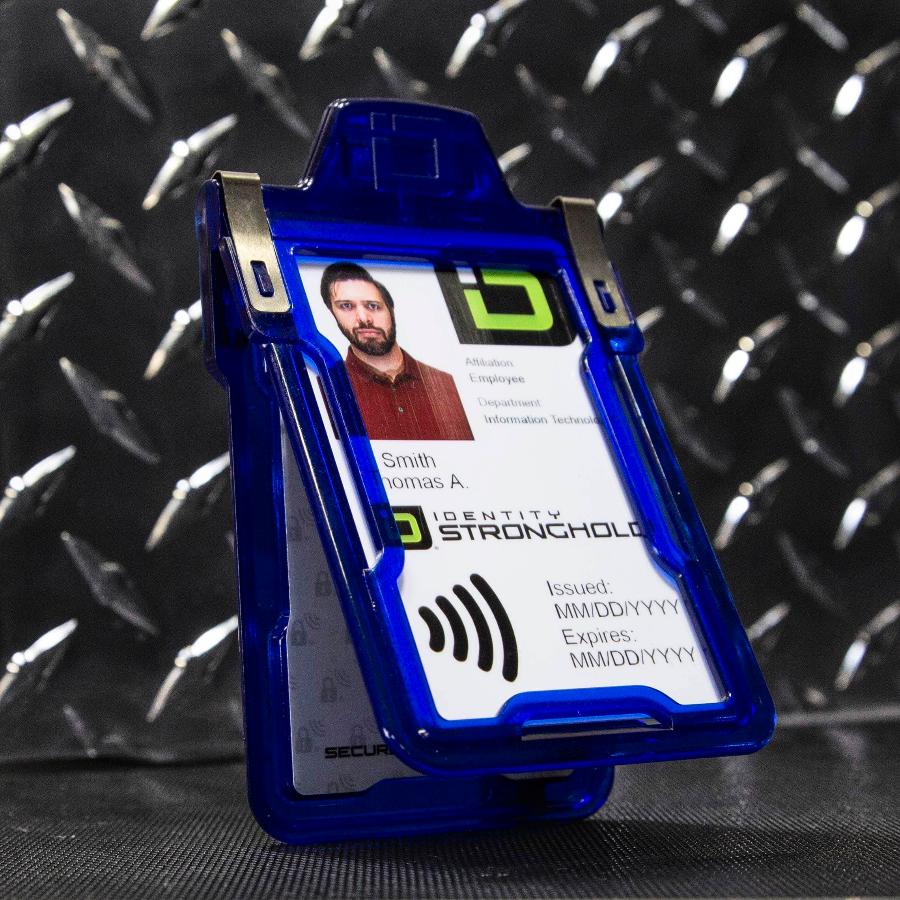 "Squeeze to Read" Secure Badge Holder Classic Vertical 1 ID Card Holder - Blue - IDSH1004 - 001B - Blu
