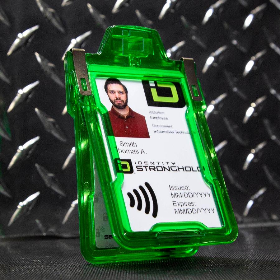 "Squeeze to Read" Secure Badge Holder Classic Vertical 1 ID Card Holder - Green - IDSH1004 - 001B - Grn