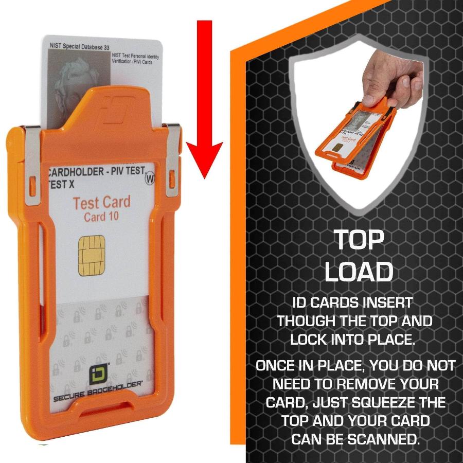 "Squeeze to Read" Secure Badge Holder Classic Vertical 1 ID Card Holder - Orange - IDSH1004 - 001B - Org