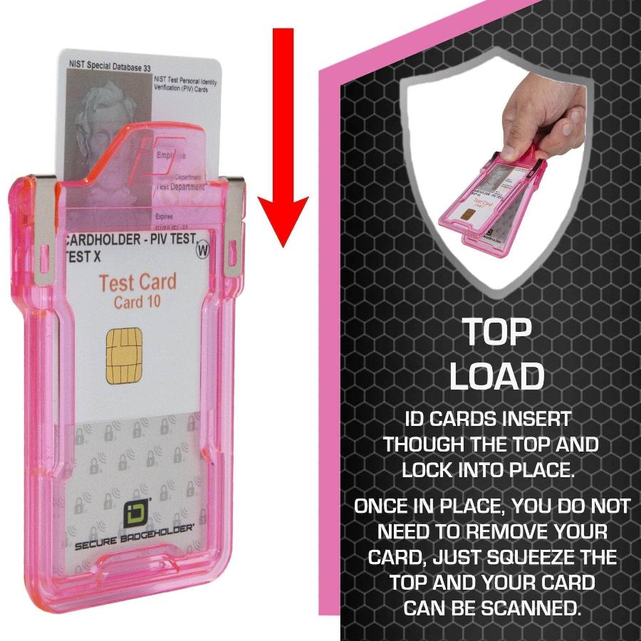"Squeeze to Read" Secure Badge Holder Classic Vertical 1 ID Card Holder - Pink - IDSH1004 - 001B - Pnk