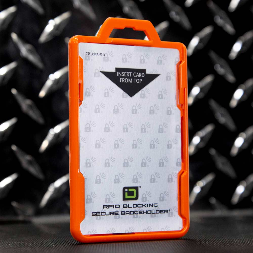 Secure Badge Holder Lite ™ Vertical 1 ID Card ID Holder with Belt Clip - Orange - IDSH9001 - 001B - BC - Org