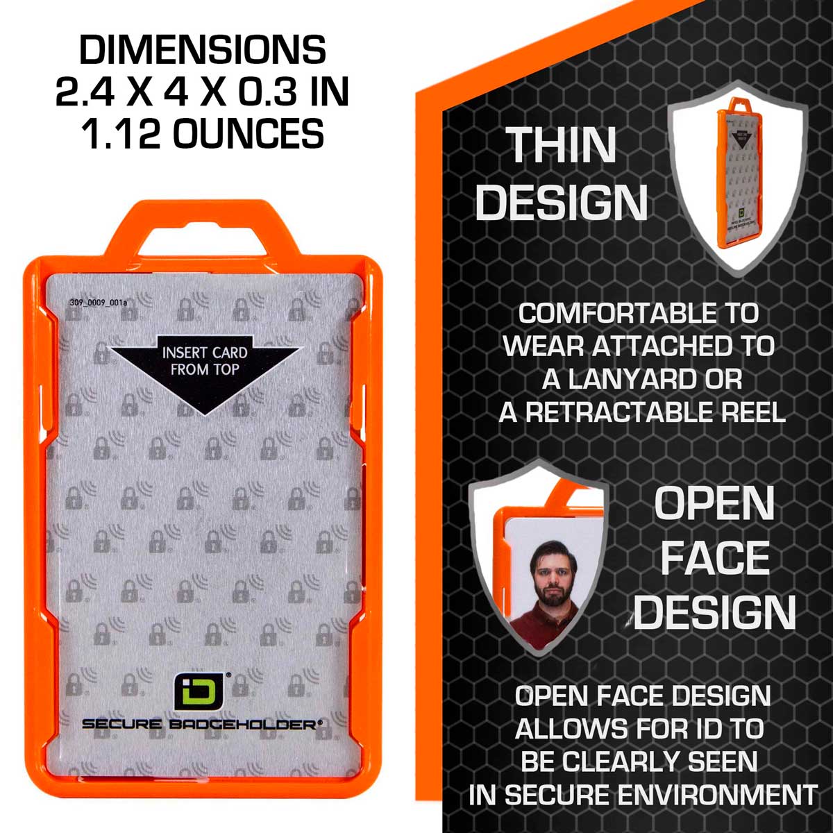 Secure Badge Holder Lite ™ Vertical 1 ID Card ID Holder with Belt Clip - Orange - IDSH9001 - 001B - BC - Org