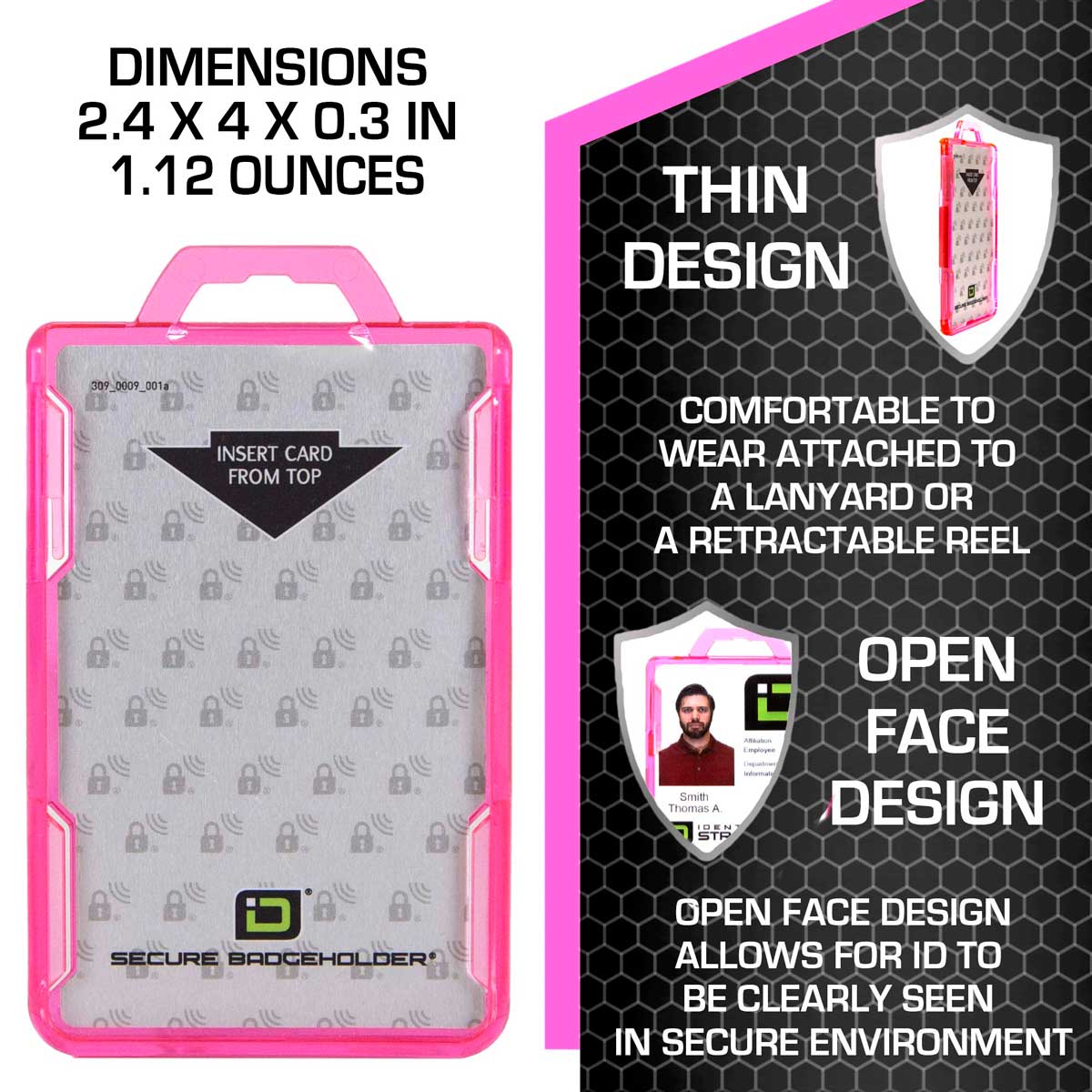 Secure Badge Holder Lite ™ Vertical 1 ID Card ID Holder with Belt Clip - Pink - IDSH9001 - 001B - BC - Pnk