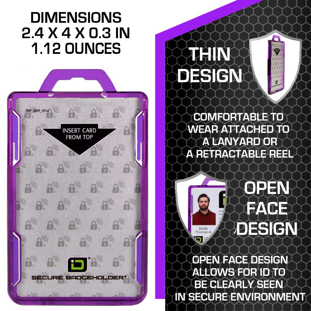 Secure Badge Holder Lite ™ Vertical 1 ID Card ID Holder with Belt Clip - Purple - IDSH9001 - 001B - BC - Pur