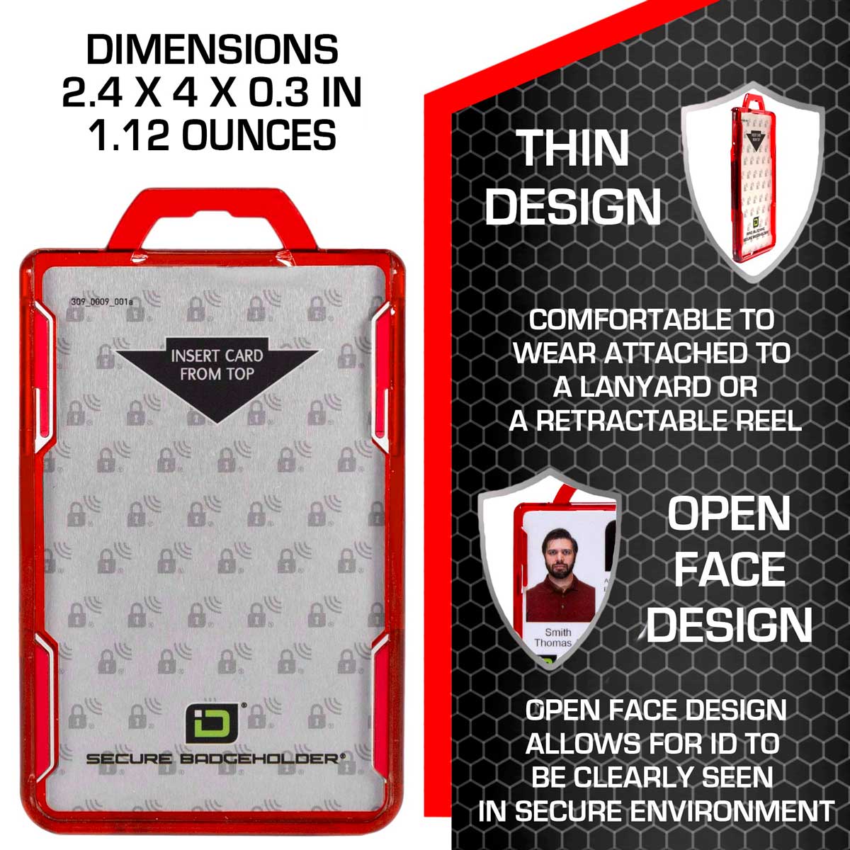 Secure Badge Holder Lite ™ Vertical 1 ID Card ID Holder with Belt Clip - Red - IDSH9001 - 001B - BC - Red