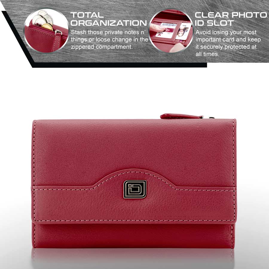 RFID Blocking Women's Leather Trifold Wallet - Red - IDSH7102 - red