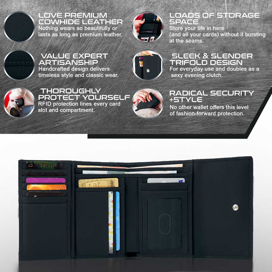 RFID Blocking Women's Leather Trifold Wallet - Black - IDSH7102 - blk