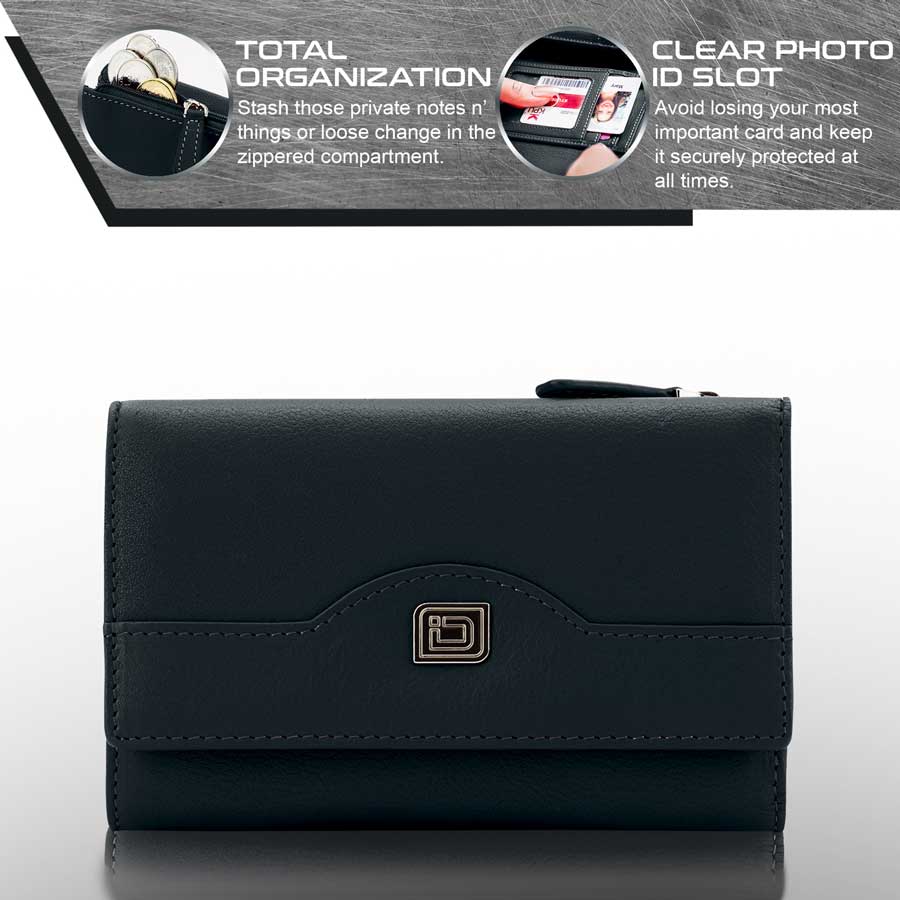 RFID Blocking Women's Leather Trifold Wallet - Black - IDSH7102 - blk