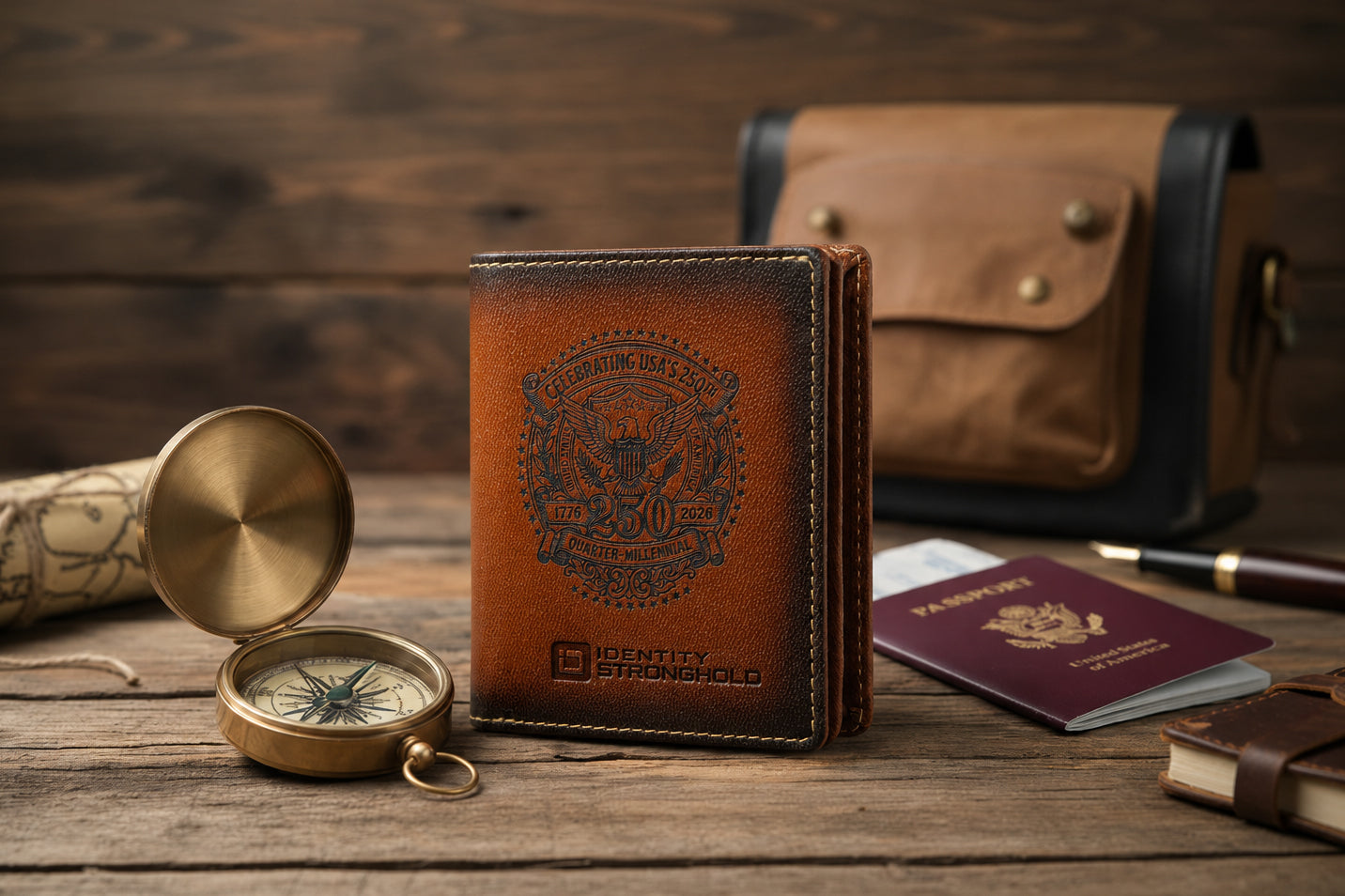 Brown leather passport holder with compass and map on a wooden surface