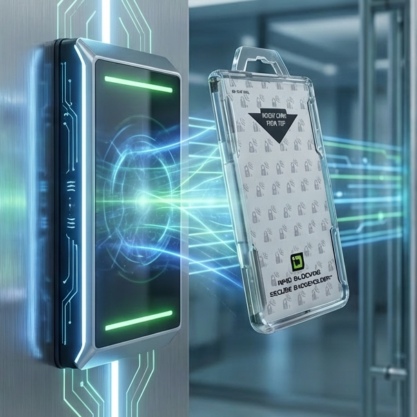 Electronic device with glowing circuits and a clear phone case with text on a blurred background