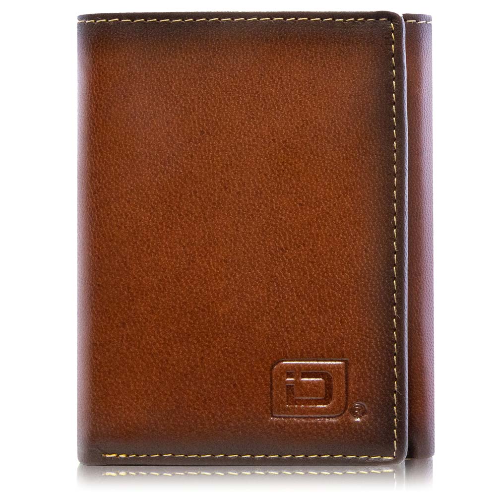Brown leather wallet with a brand logo on a white background