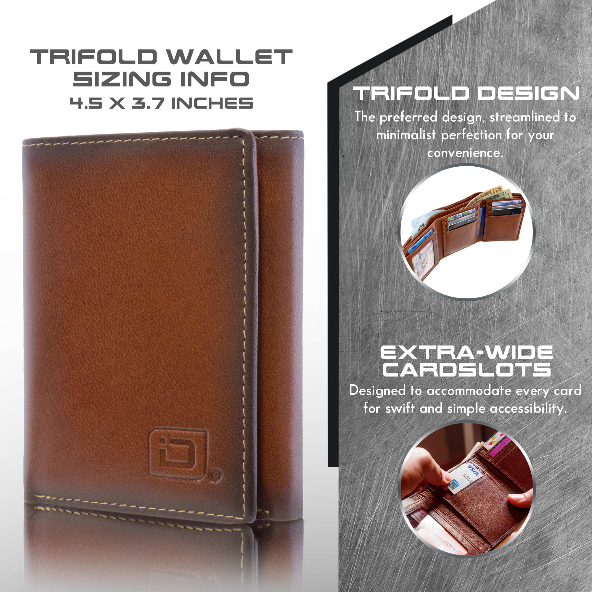 Brown trifold wallet with sizing information and design features on a gray background