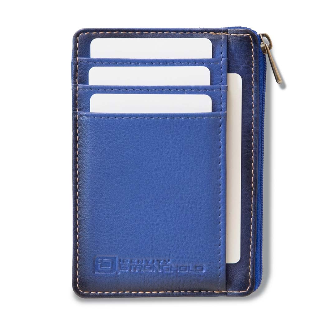 Blue wallet with card slots on a white background