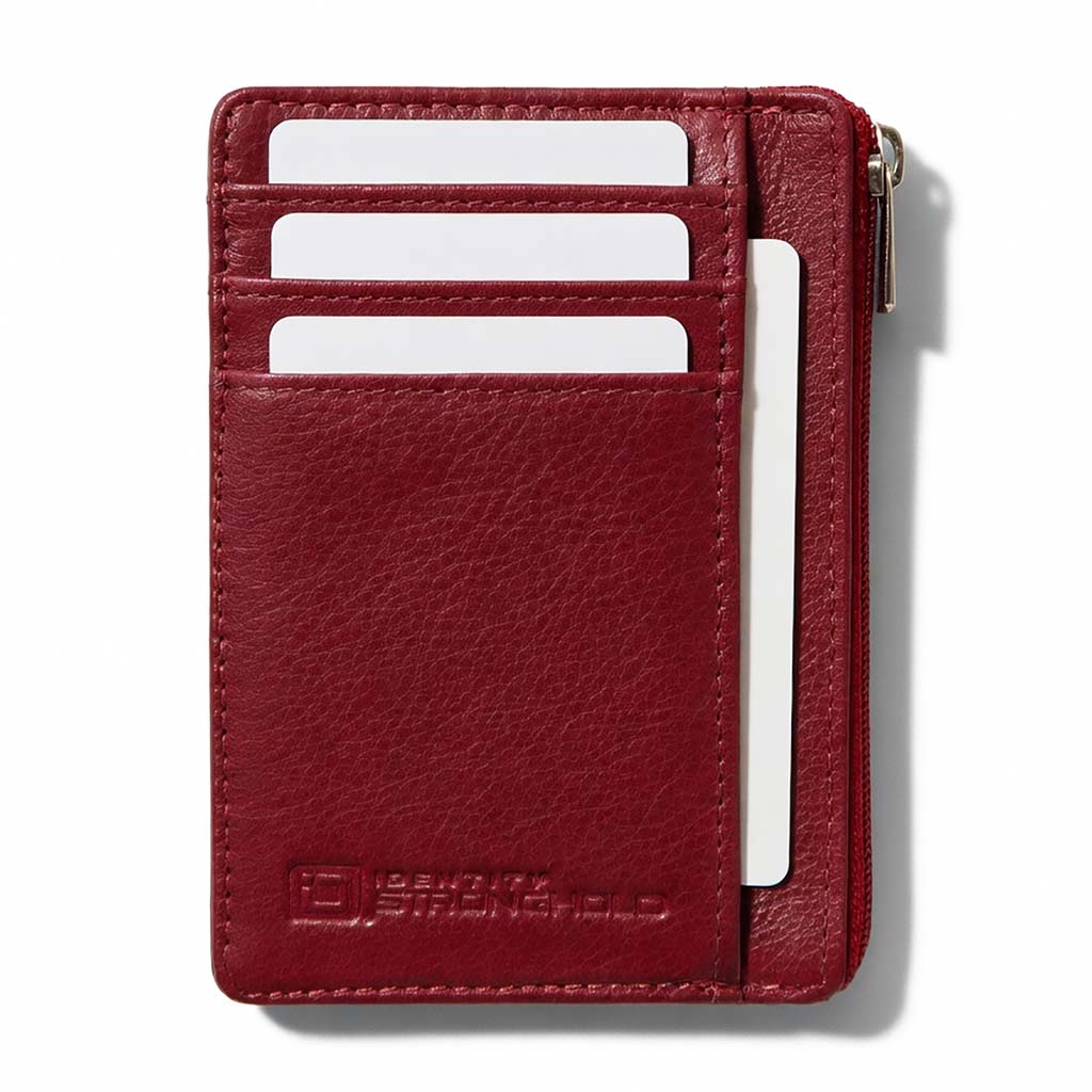 Red leather wallet with card slots on a white background