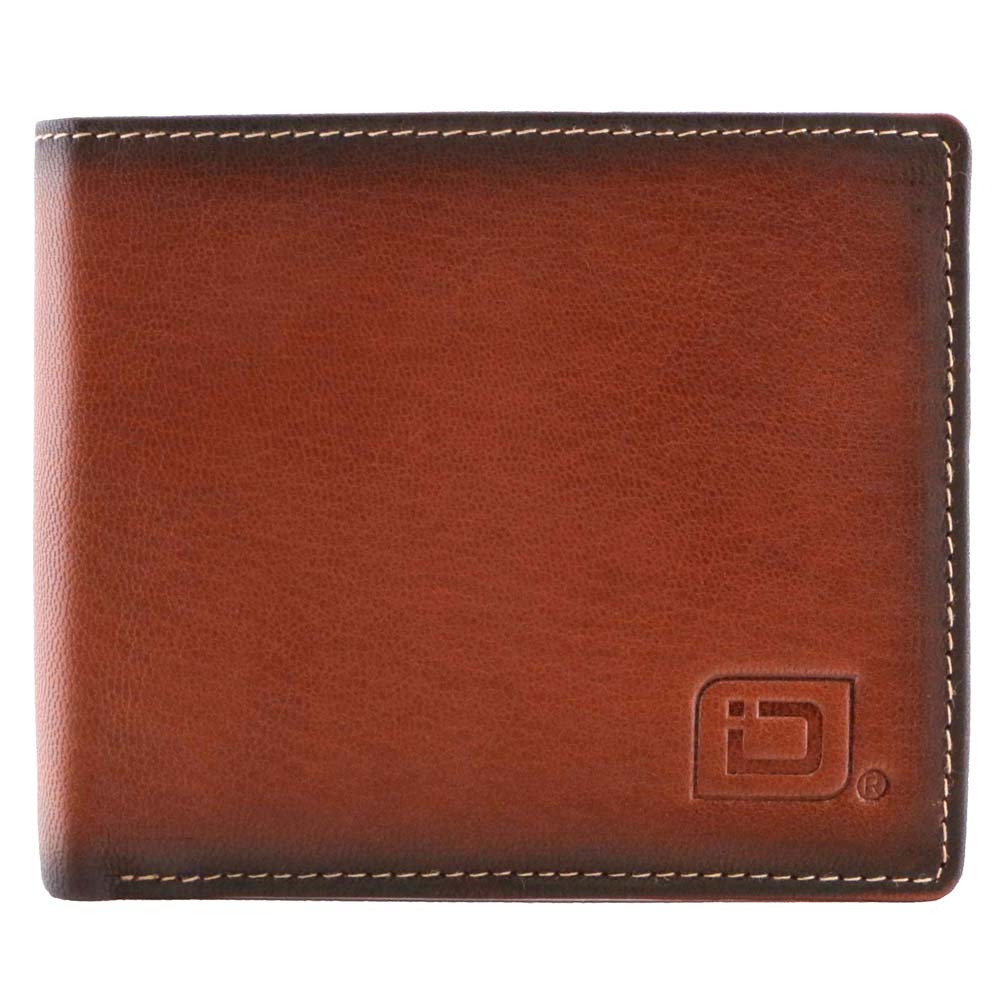 Brown leather wallet with a brand logo on a white background