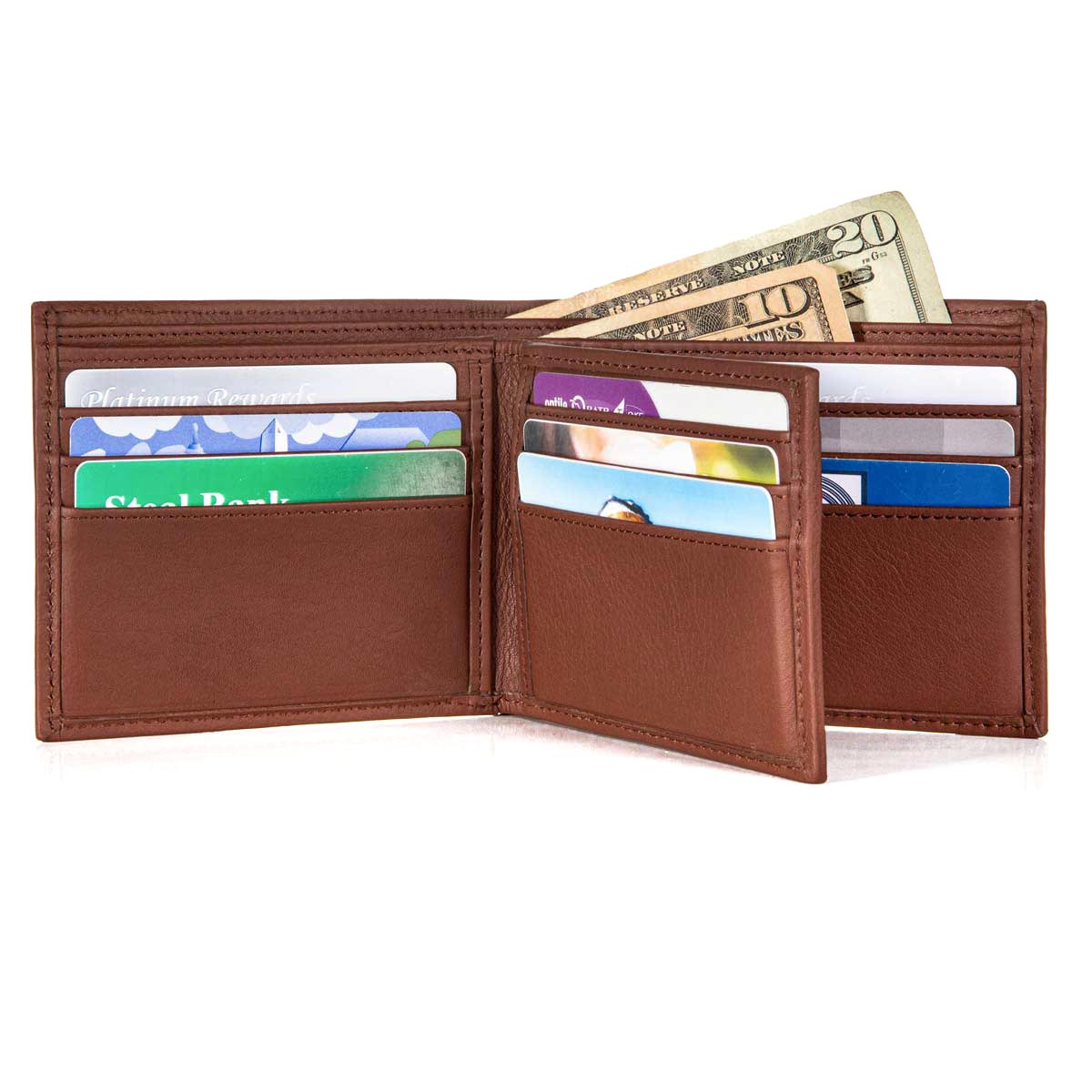 Brown leather rfid secure wallet with cards and money on a white background