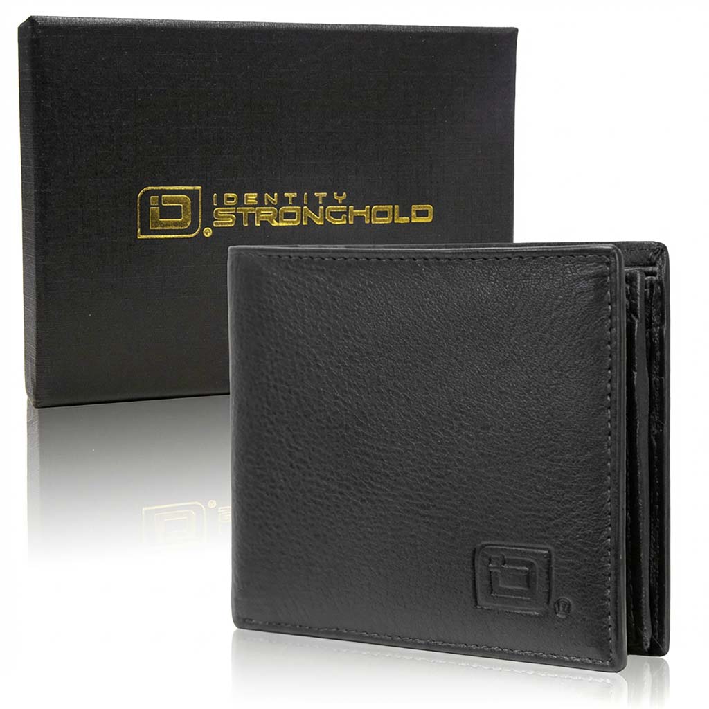 Black leather wallet with 'Identity Stronghold' branding on a reflective surface.