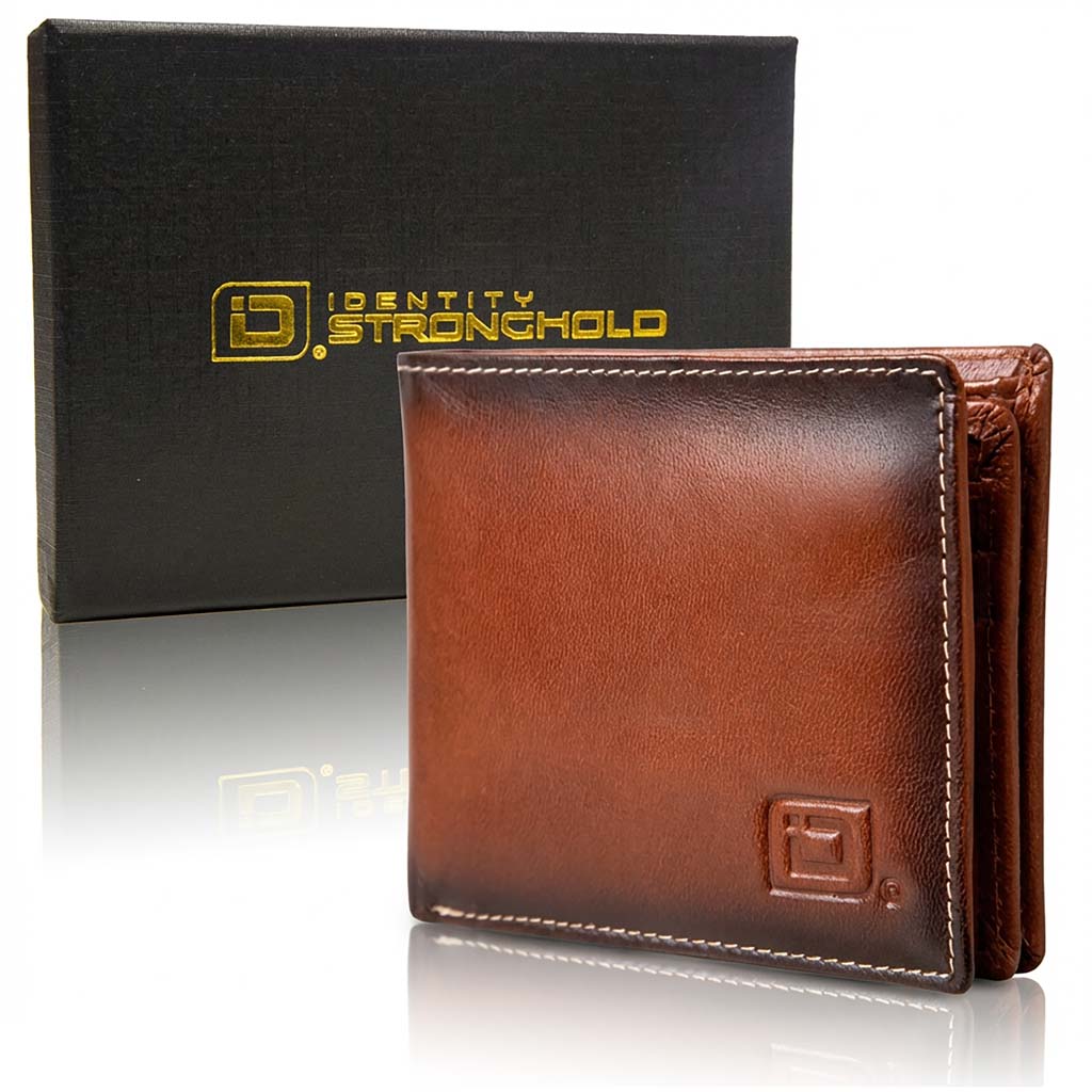 Brown leather wallet with 'Identity Stronghold' branding in front of a black box.