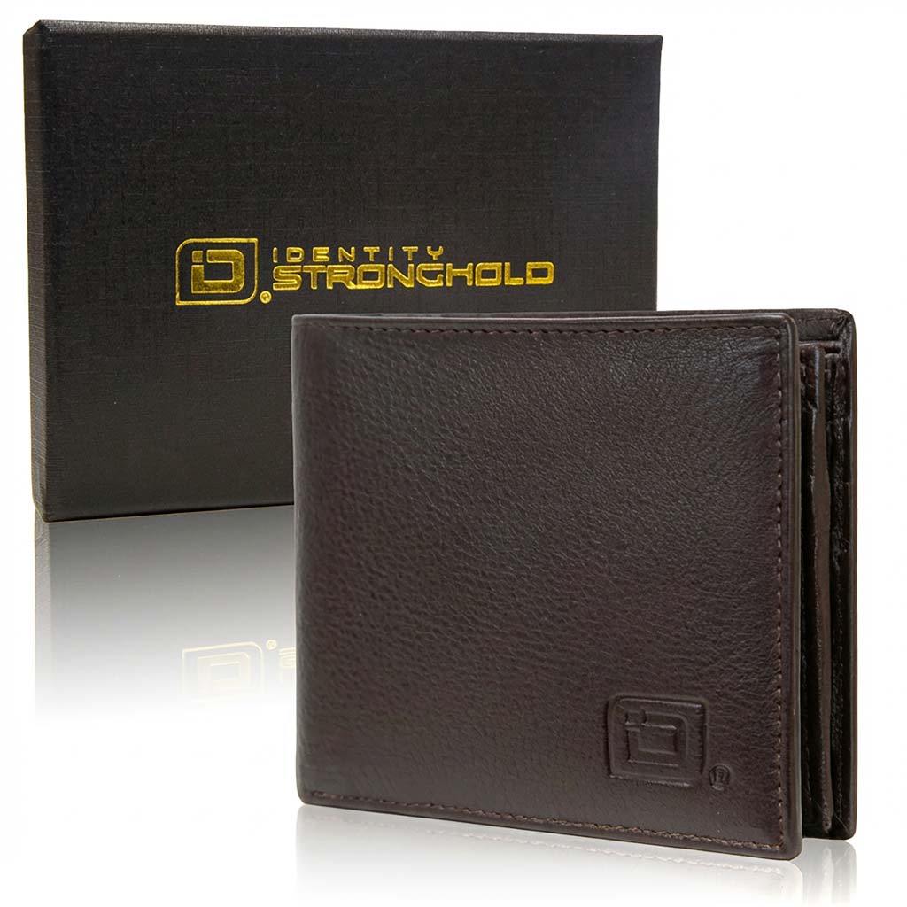 Brown leather wallet with 'Identity Stronghold' branding on a black box background