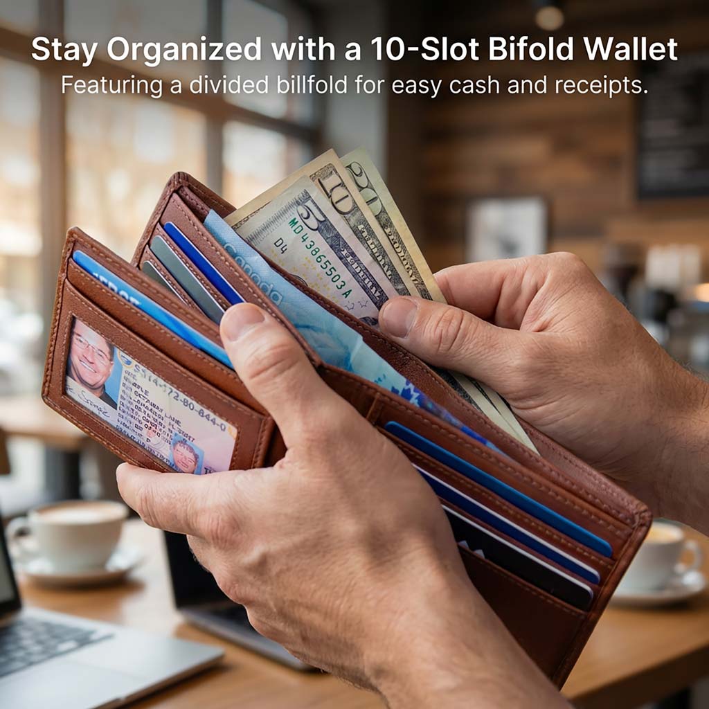 Man holding a brown 10-slot bifold wallet with cards and cash in a blurred cafe setting.