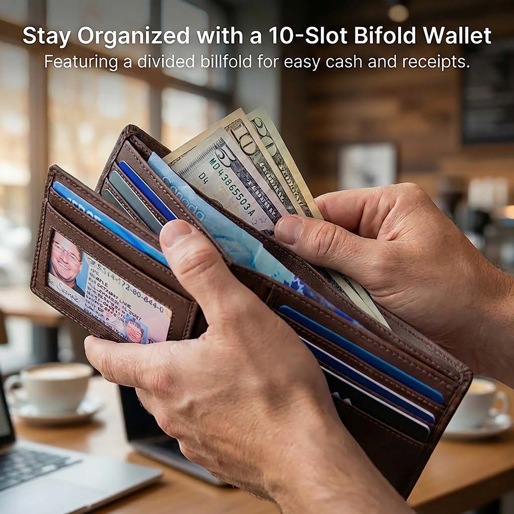 Man holding a brown 10-slot bifold wallet with money and cards in an office setting.