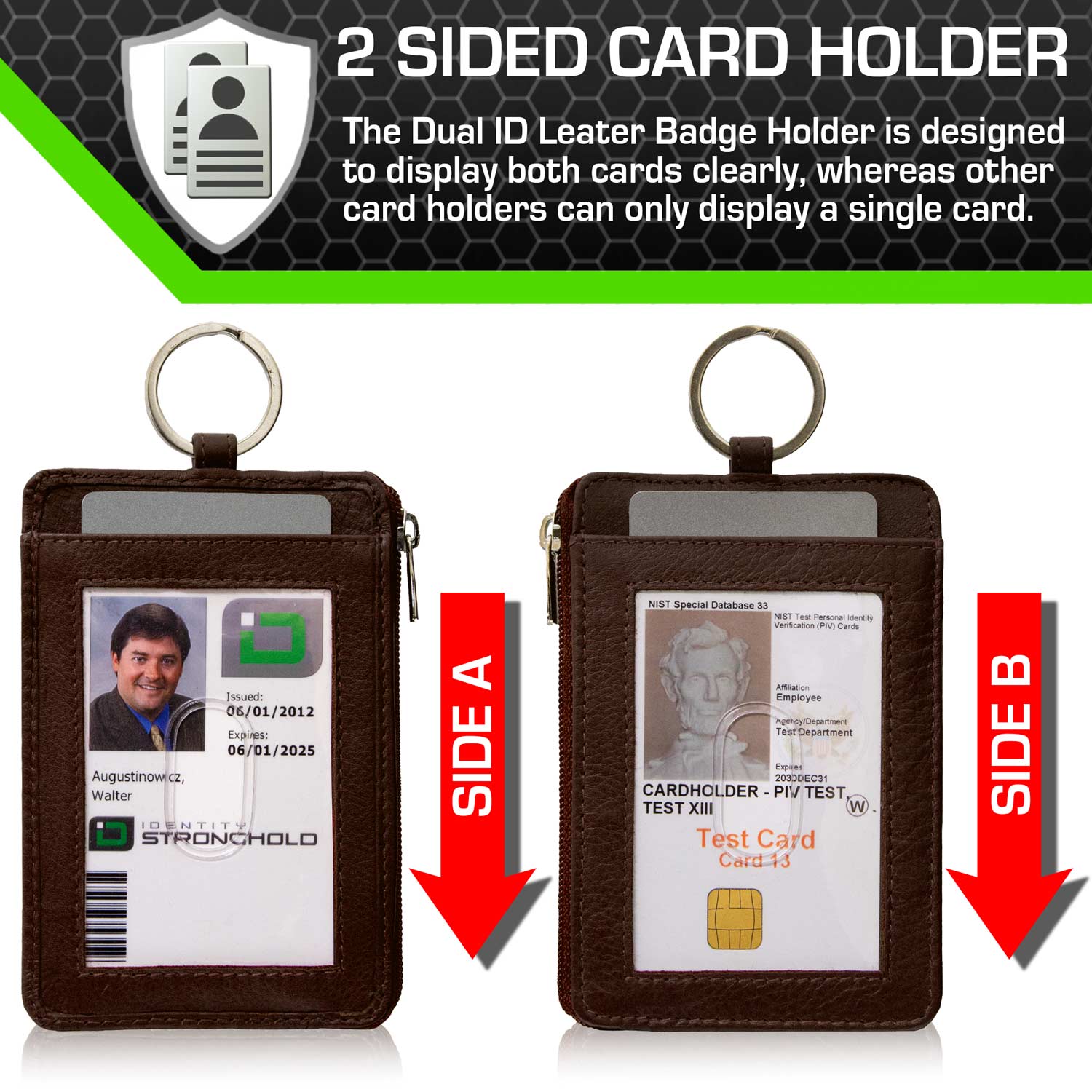 RFID Wallet Dual Portrait ID Leather Badge Holder - Brown - IDSH7007 - brn