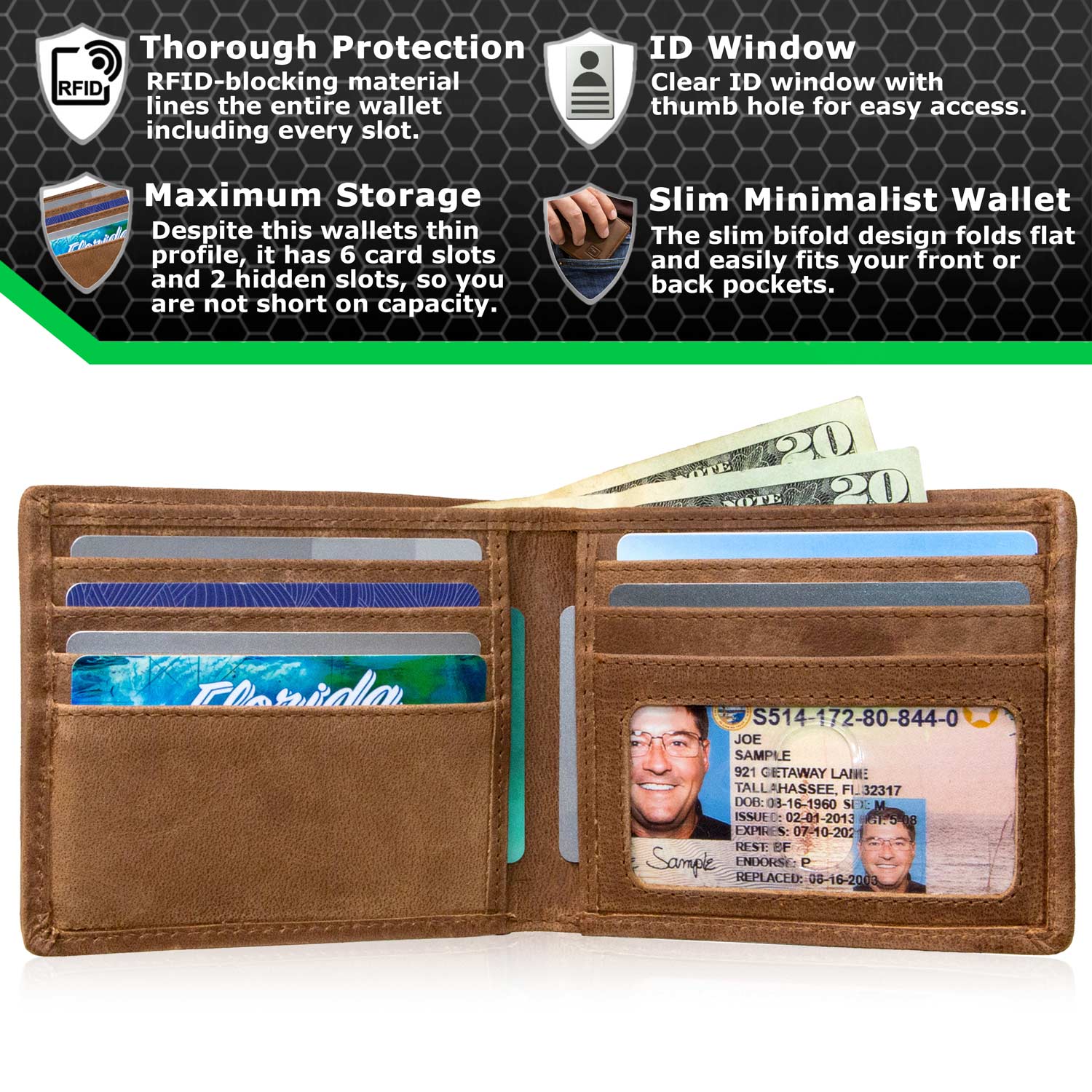 ID Stronghold Slim Bifold Wallet for Men RFID Blocking Wallet 7 Slots Nylon and Leather Light Brown