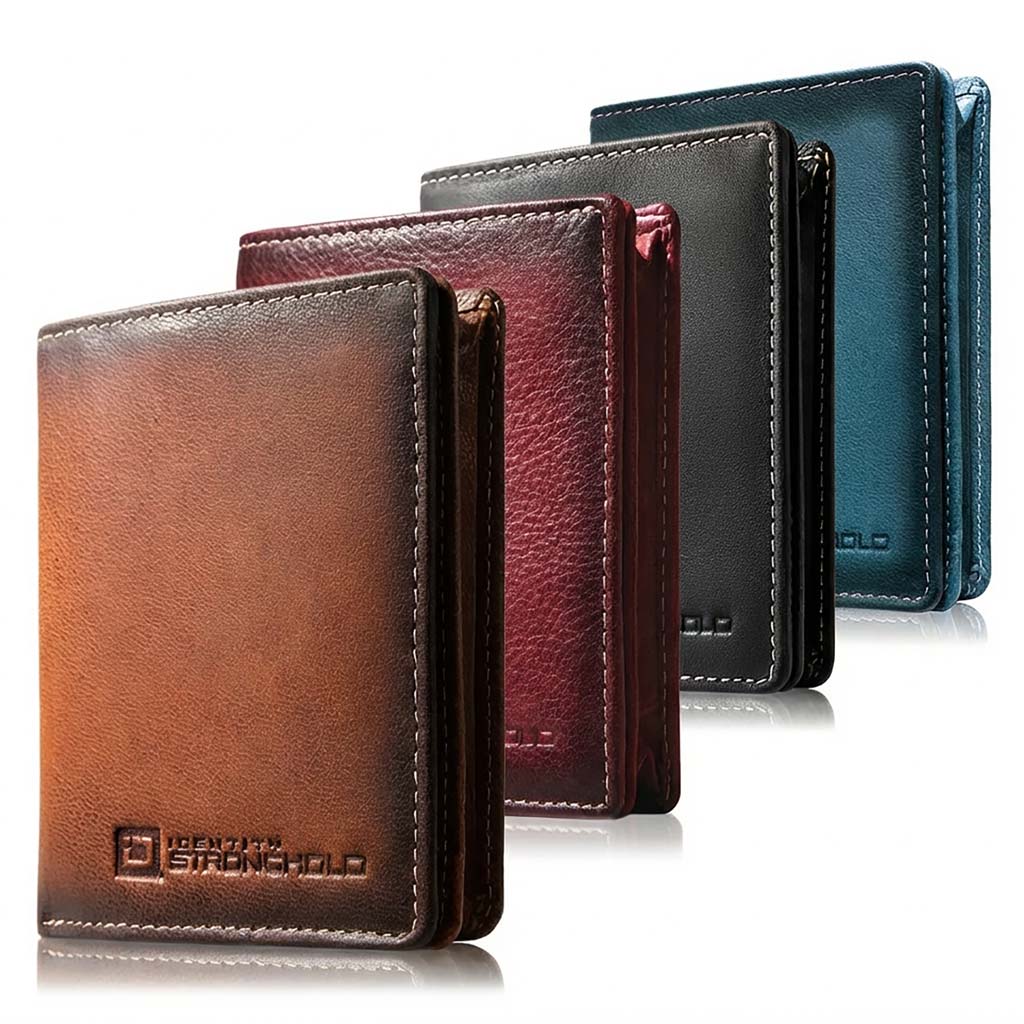 Four leather wallets in different colors on a white background