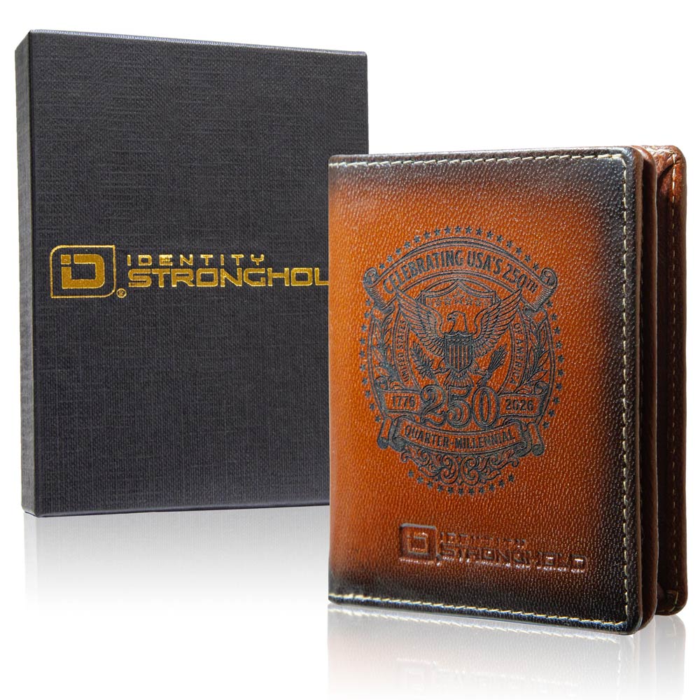 Brown leather wallet with embossed design and 'Identity Stronghold' branding next to a black box.