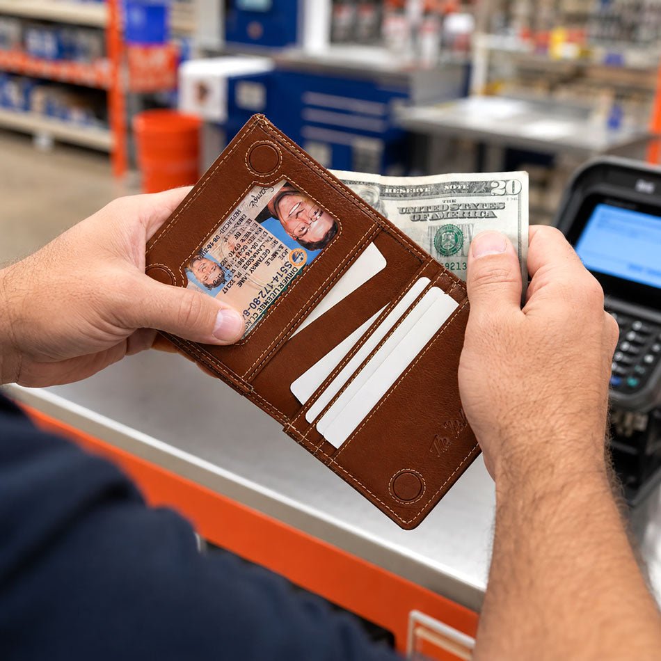 Person holding a brown wallet with cards and money in a store setting