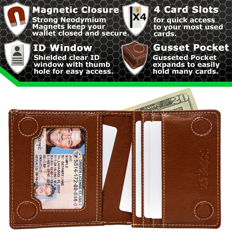 Brown leather wallet with card slots, ID window, and gusset pocket on a black background with feature text.