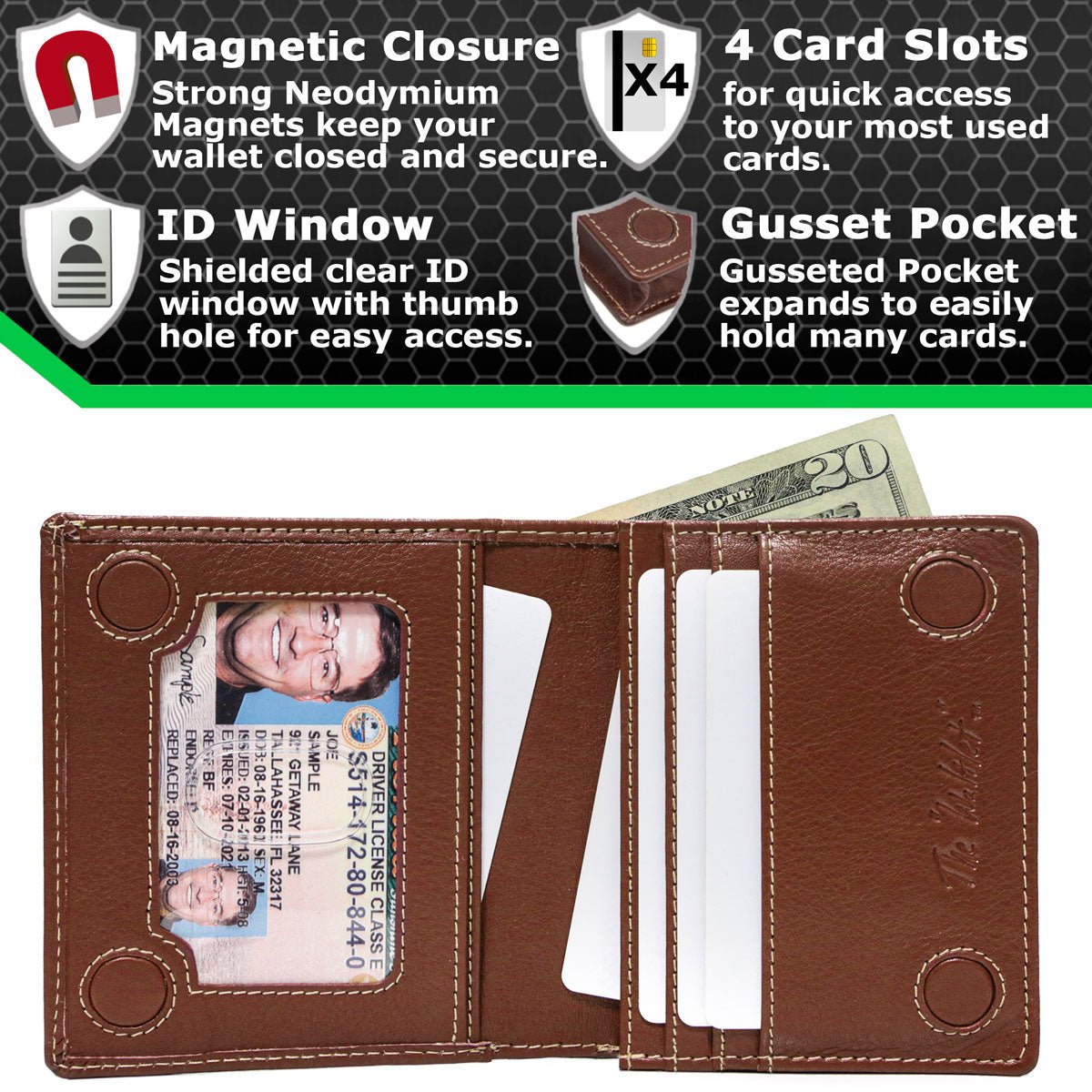 Interior view of men’s leather bifold wallet showing 10 card slots, ID window, gusseted bill section