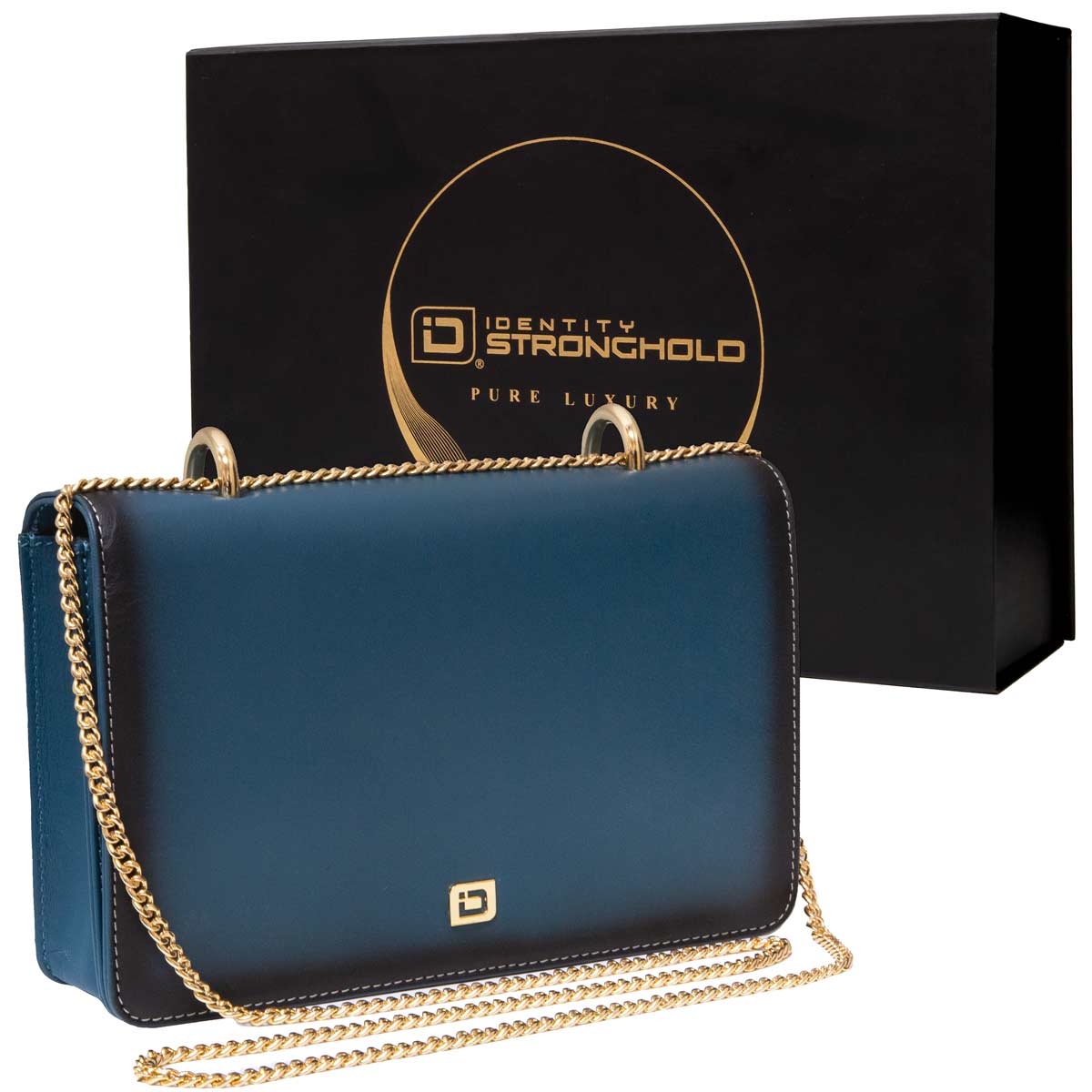 Luxury Leather RFID Blocking Crossbody Purse for Women – Shoulder Bag with Gold Chain - Blue - IDSH7157 - blu