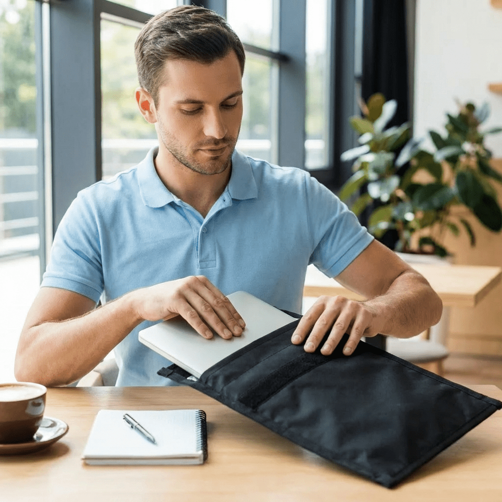 Man organizing items in a black bag at a table with a notebook and cup.