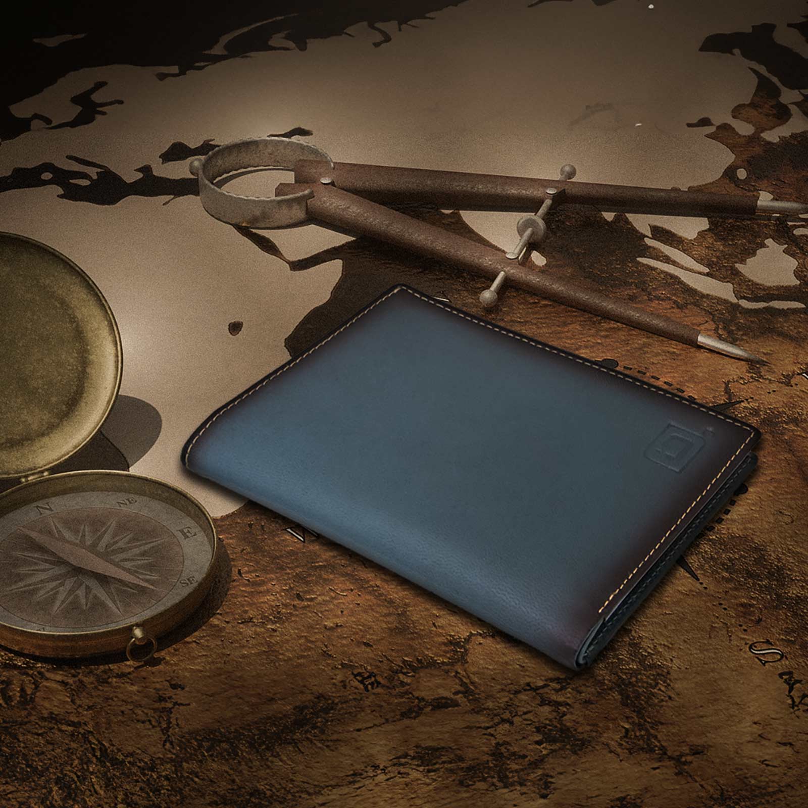 RFID-Blocking Leather-Passport-Wallet-Blue-Map