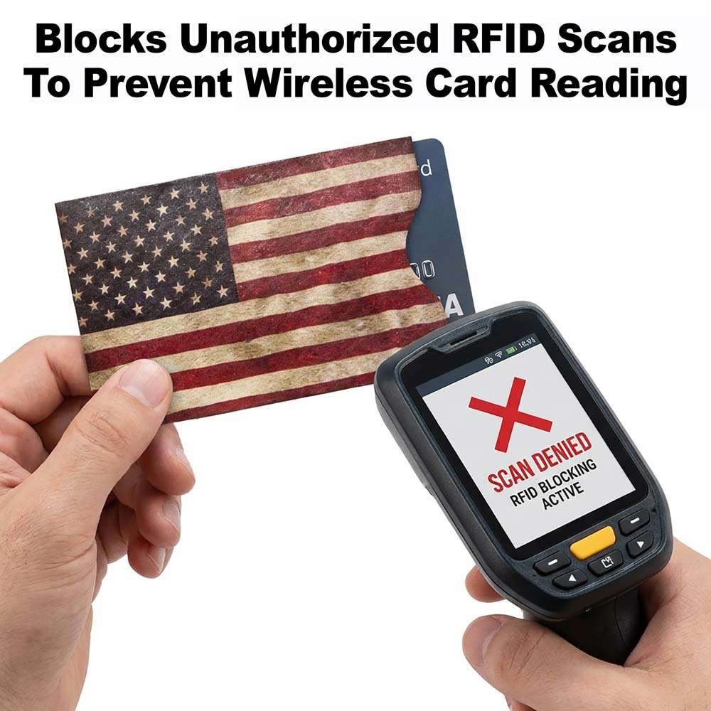 Hand holding an American flag card with a scanner displaying 'Scan Denied' on a white background