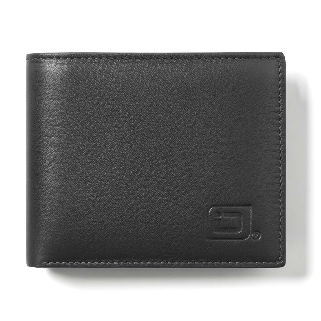 Black leather Bifold wallet with 'Identity Stronghold' branding in front.